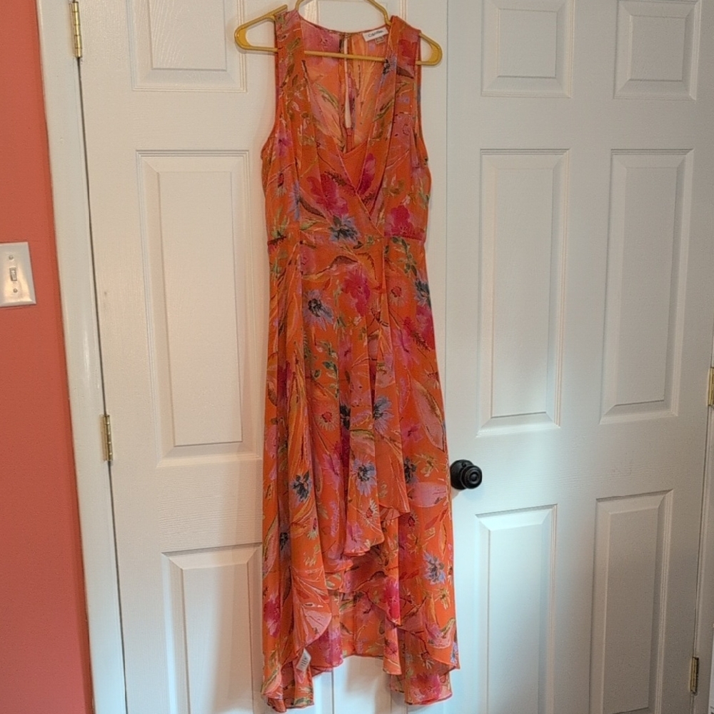 Calvin Klein Vibrant Orange Floral High Low Dress